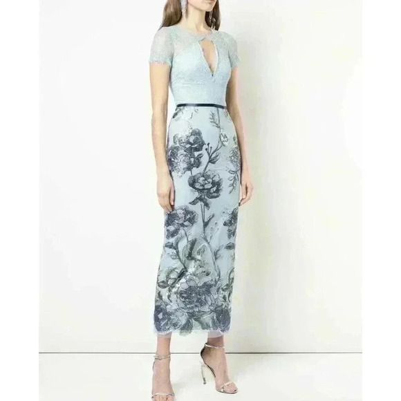 $795 New Marchesa Notte Sequins Embroidered Gown Tiffany Blue Lace Dress 0 Prom - Picture 1 of 8